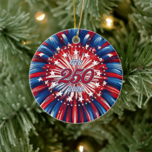 America’s 250th Birthday 1776-2026 RWB Fireworks Ceramic Tree Decoration