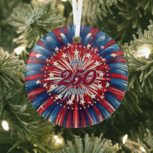 America’s 250th Birthday 1776-2026 RWB Fireworks Glass Tree Decoration