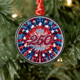 America’s 250th Birthday 1776-2026 RWB Fireworks Metal Tree Decoration