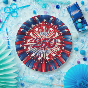 America’s 250th Birthday 1776-2026 RWB Fireworks Paper Plate