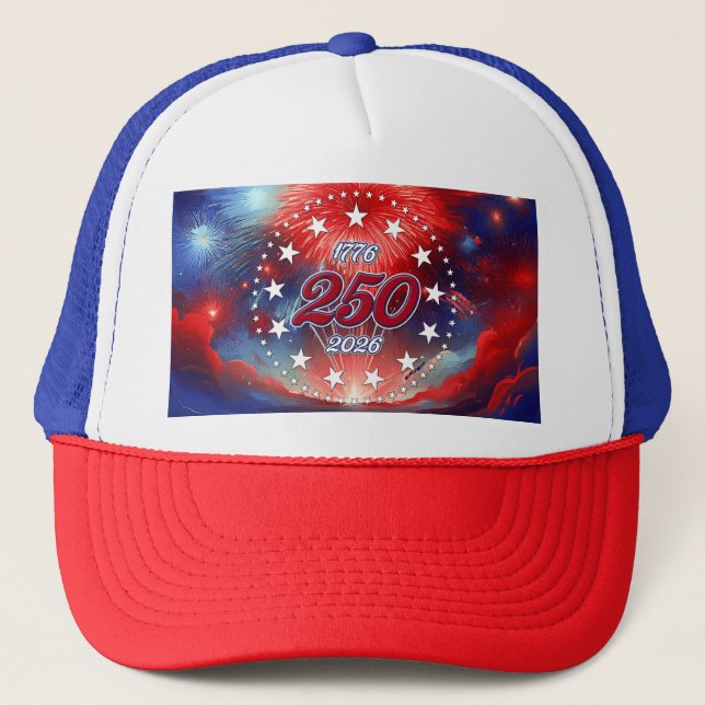 America’s 250th Birthday Graphic Fireworks Clouds Trucker Hat (Front)