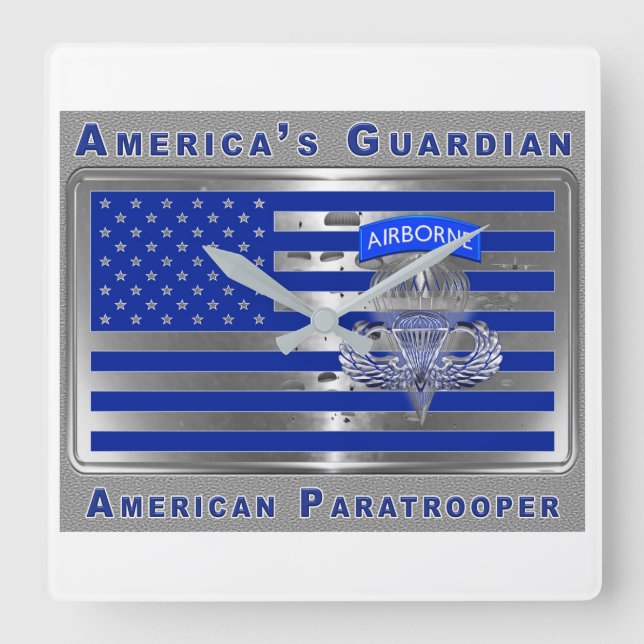 America’s Guardian Airborne Paratrooper Flag Square Wall Clock (Front)