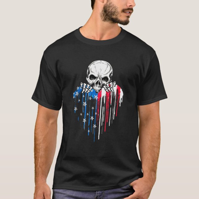 America Skull Heart America Flag  Cool America T-Shirt (Front)