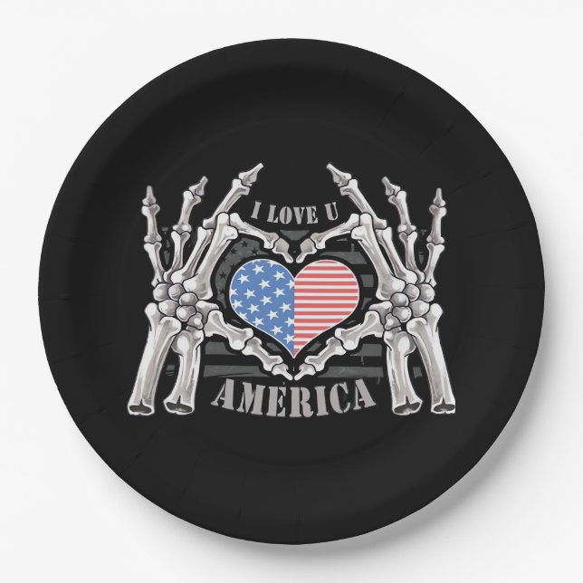 America Skull Skeleton Hand Artwork Editable Layer Paper Plate (Front)