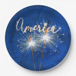 America Sparkler on Blue Leather Paper Plate