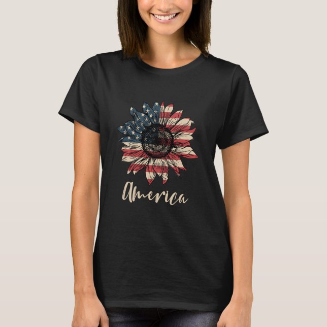 America Sunflower Flag 4th July American Patriotic T-Shirt (Front)