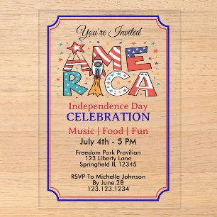 America Text and Stars Colourful Design Acrylic Invitations