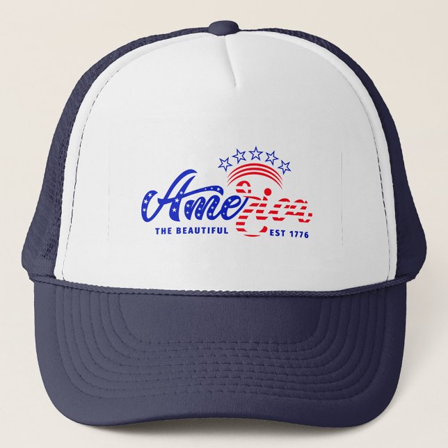 America Trucker Hat ( A vibrant design that reads 'America the Beautiful' with stars and stripes. )
