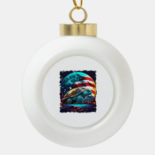 America turtle under Moon with American Flag Ceramic Ball Christmas Ornament