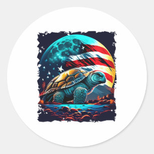 America turtle under Moon with American Flag Copy  Classic Round Sticker