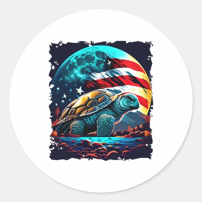 America turtle under Moon with American Flag Copy  Classic Round Sticker (Front)