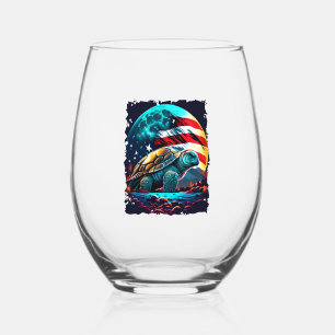 America turtle under Moon with American Flag Copy Stemless Wine Glass