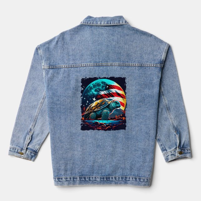 America turtle under Moon with American Flag    Denim Jacket (Back)