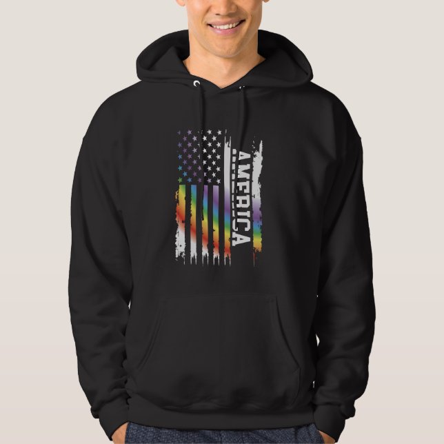 America United States Distressed Rainbow w US Flag Hoodie (Front)