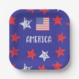 America USA July 4th Red White Blue Stars Flag Pap Paper Plate