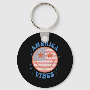 America Vibes Happy Face Smile American Flag 4th O Key Ring
