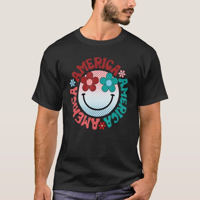 America Vibes Happy Face Smile Flower American 4th T-Shirt (Front)