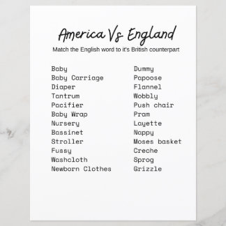 America vs England Baby Shower Game