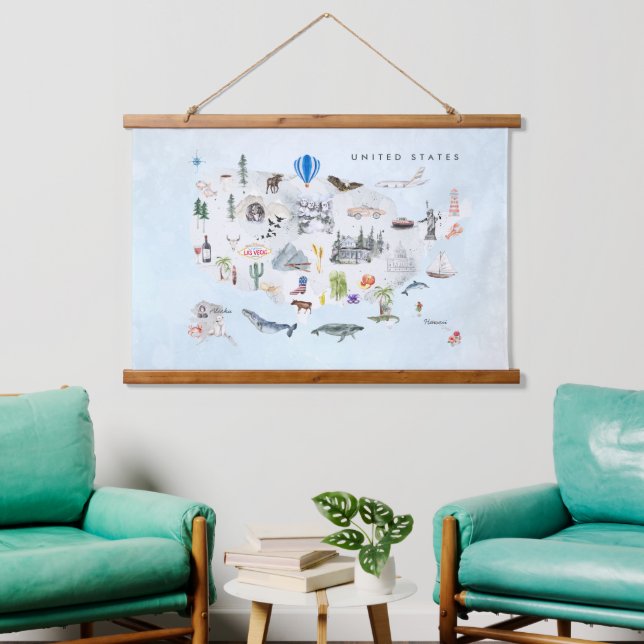 America | Watercolor Illustrated USA Map Hanging Tapestry (Living Room)
