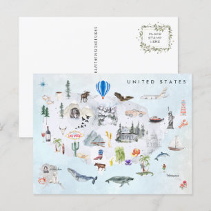 America   Watercolor Illustrated USA Map Postcard