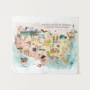America   Watercolor Illustrated USA Map Tapestry