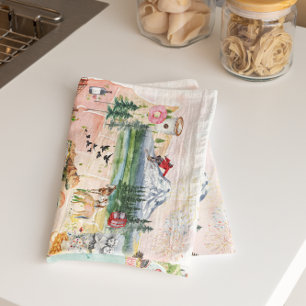 America   Watercolor Illustrated USA Map Tea Towel