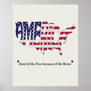 America Word Art Map Shape and Quote Poster