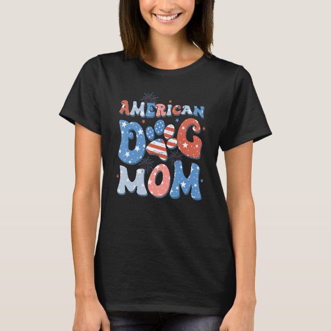 American 4th Of July Dog Mom Retro Groovy Dog Paw  T-Shirt (Front)