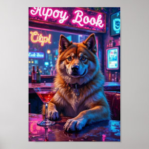 American Akita Bar Scene, Funny Drinking Dog, Neon Poster
