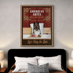 American Akita Bed And Breakfast Funny Vintage Art Poster