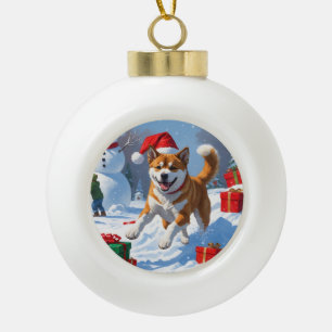 American Akita Christmas Festive Snow Scene Ceramic Ball Christmas Ornament