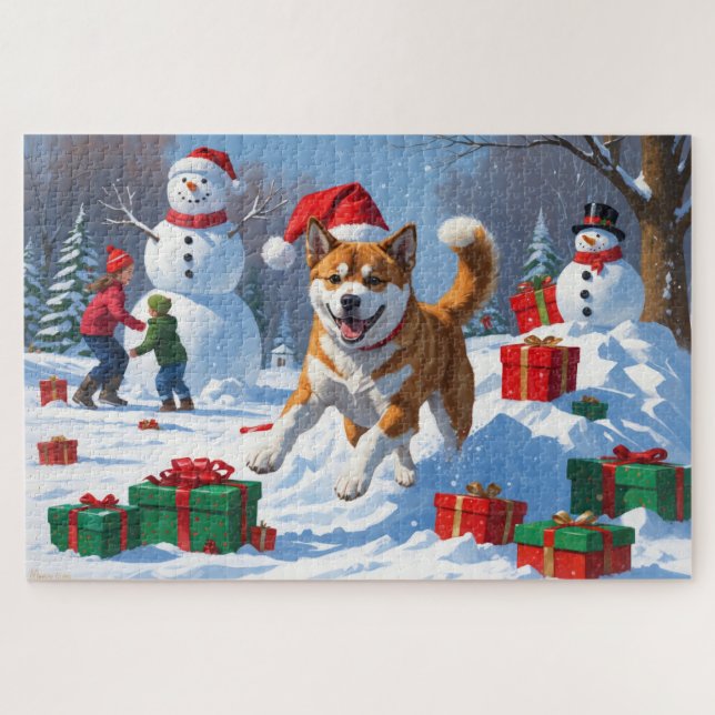 American Akita Christmas Festive Snow Scene Jigsaw Puzzle (Horizontal)