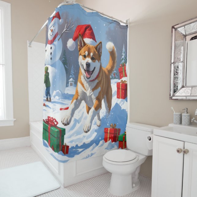 American Akita Christmas Festive Snow Scene Shower Curtain (In Situ)