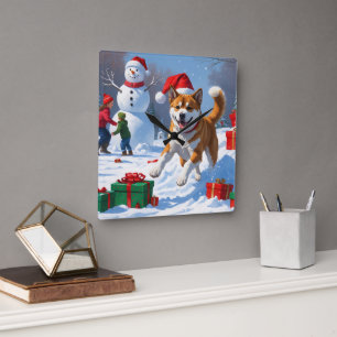 American Akita Christmas Festive Snow Scene Square Wall Clock