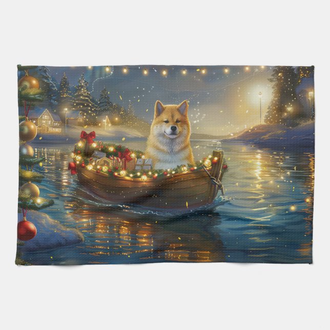 American Akita Christmas Festive Voyage Tea Towel (Horizontal)