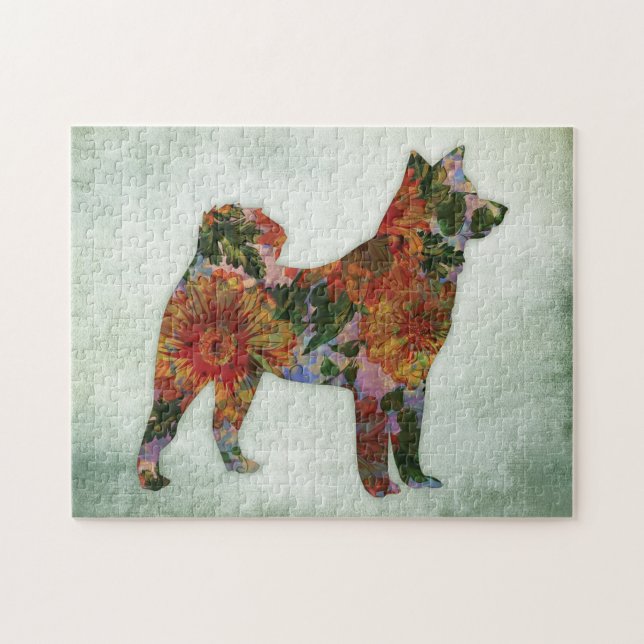 American Akita Dog Floral On Green Jigsaw Puzzle (Horizontal)