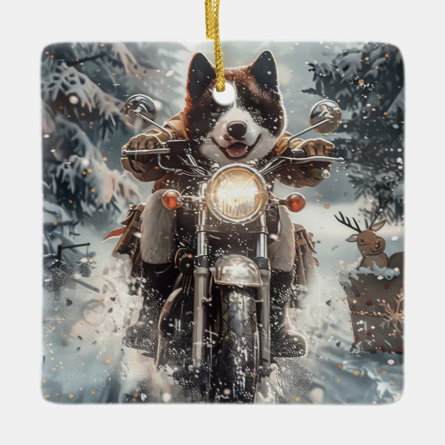 American Akita Dog Riding Motorcycle Christmas  Ceramic Ornament (Front)