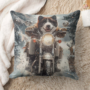 American Akita Dog Riding Motorcycle Christmas Cushion