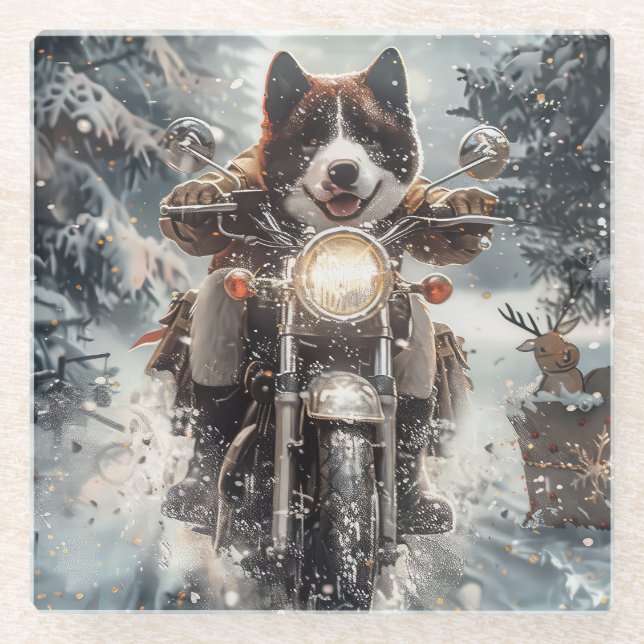American Akita Dog Riding Motorcycle Christmas  Glass Coaster (Front)