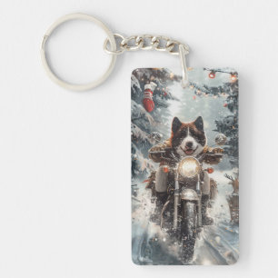 American Akita Dog Riding Motorcycle Christmas  Key Ring
