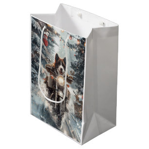 American Akita Dog Riding Motorcycle Christmas  Medium Gift Bag