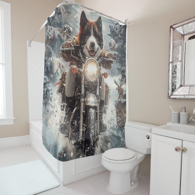 American Akita Dog Riding Motorcycle Christmas  Shower Curtain (In Situ)