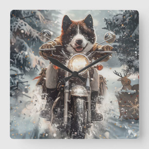 American Akita Dog Riding Motorcycle Christmas  Square Wall Clock