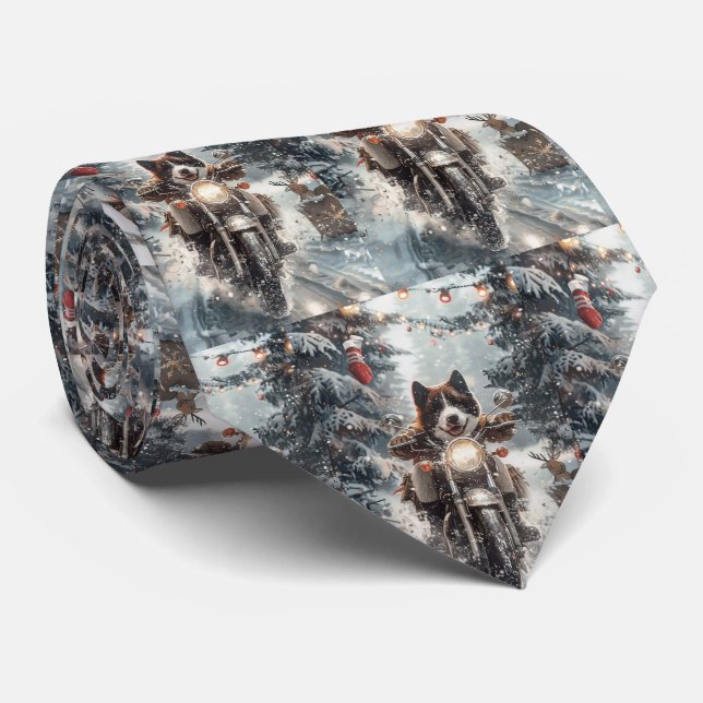 American Akita Dog Riding Motorcycle Christmas  Tie (Rolled)