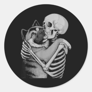 American Akita Skeleton Hug Halloween Dog Lover Classic Round Sticker