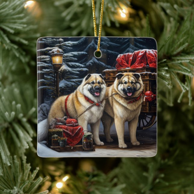 American Akita Snowy Sleigh Ride Christmas Decor Ceramic Ornament (Tree)