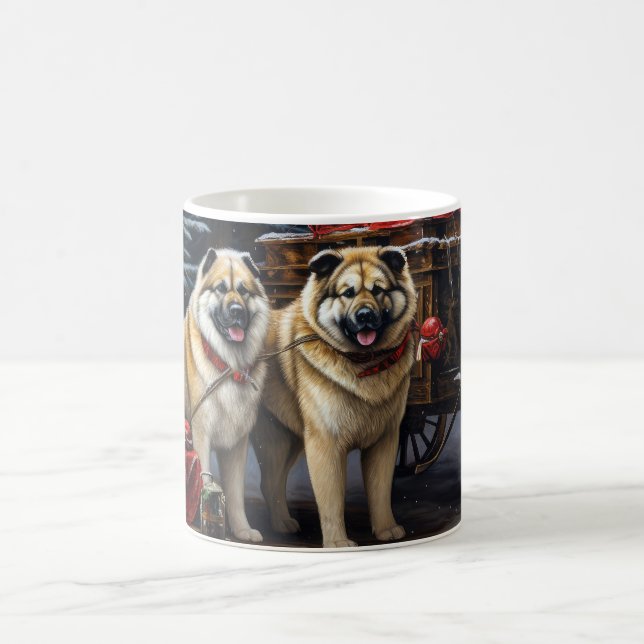 American Akita Snowy Sleigh Ride Christmas Decor Coffee Mug (Center)