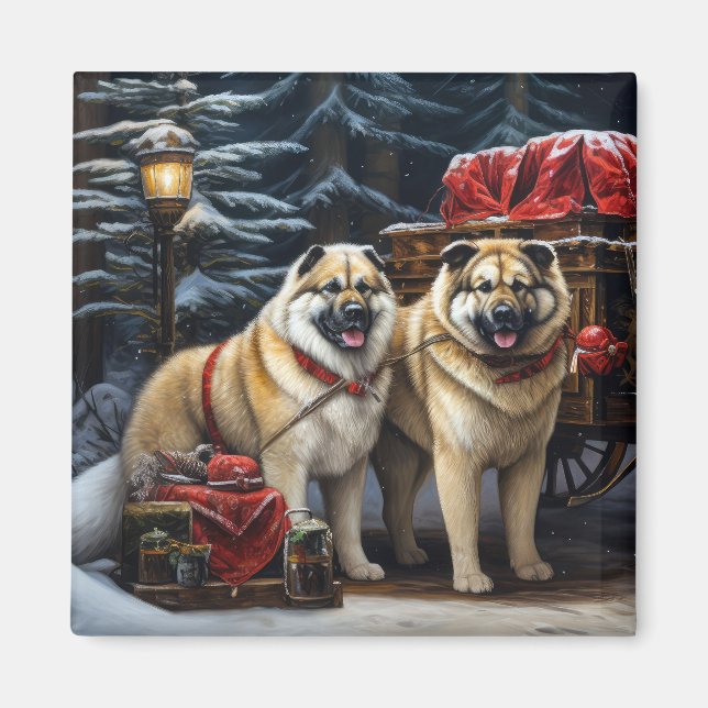 American Akita Snowy Sleigh Ride Christmas Decor Magnet (Front)