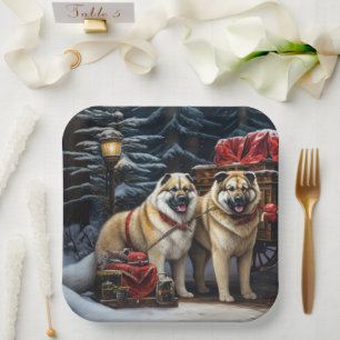 American Akita Snowy Sleigh Ride Christmas Decor Paper Plate
