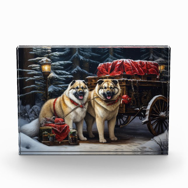 American Akita Snowy Sleigh Ride Christmas Decor Photo Block (Front)